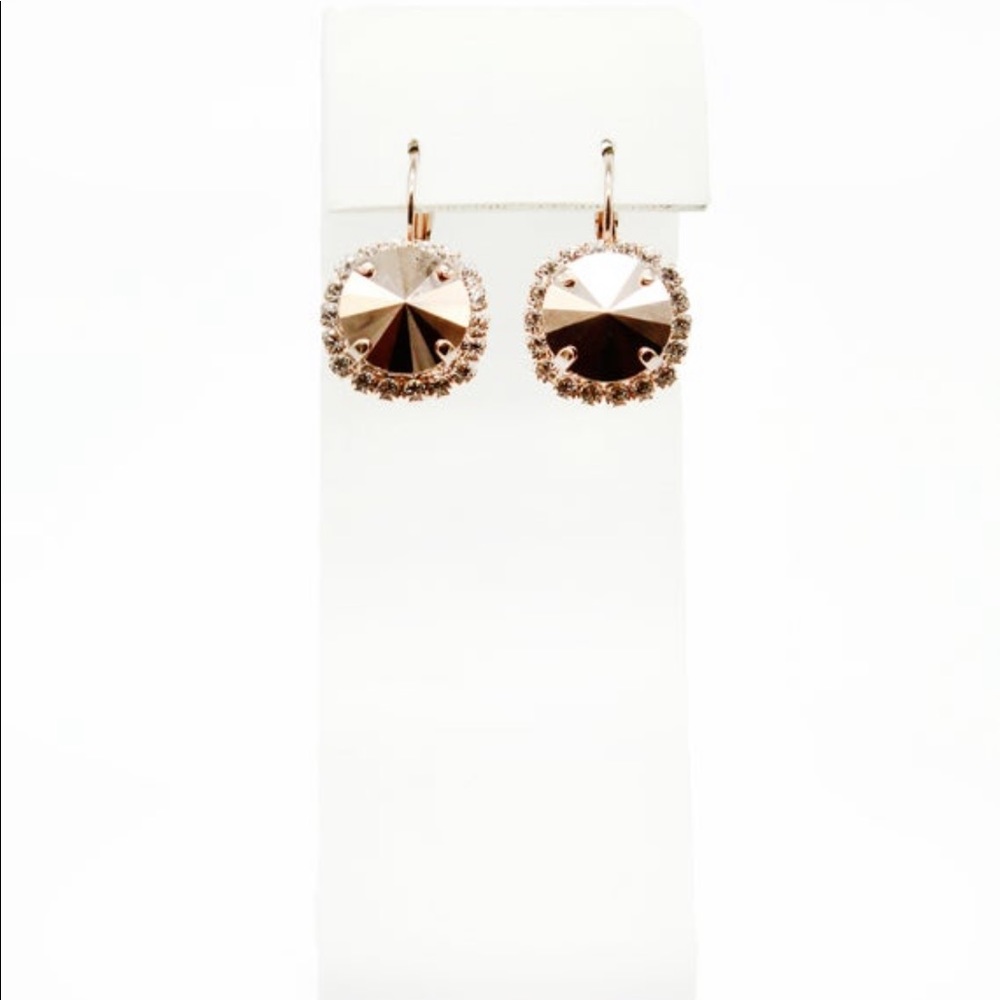 Rose Gold Crystal Halo Drop Earrings | Faceted Statement Dangle | Bridal Glam - Picture 2 of 3